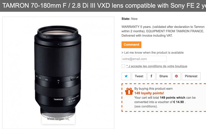 传言腾龙本周发布70-180mm f/2.8 售价137500日元