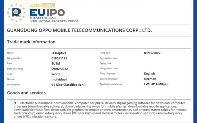 OPPO 的O-Haptis商标曝光，可改善游戏震动反馈，或将用于Find X5 Pro