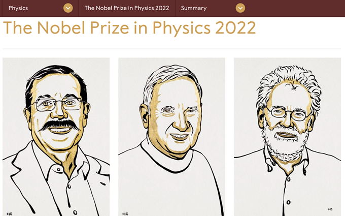 2022年诺贝尔物理学奖获奖者公布，由三位科学家共同获得