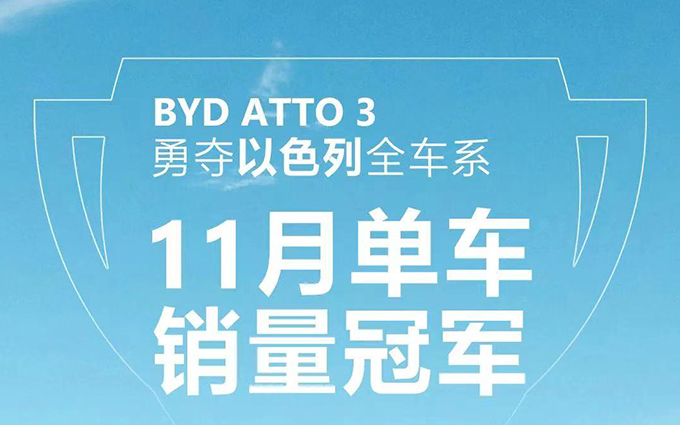 比亚迪ATTO 3获以色列单车销量冠军，共计销售新车2333台