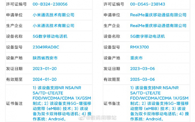 疑似红米Note 12T与真我GT Neo5 SE入网 均搭载高通SM7475处理器