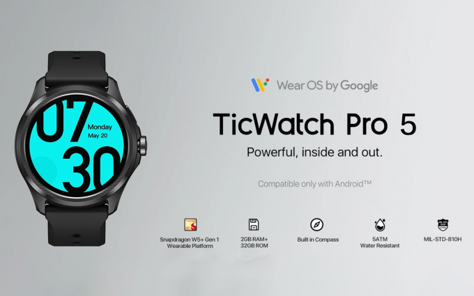 首款高通骁龙W5+智能手表发布，TicWatch Pro5可续航45天