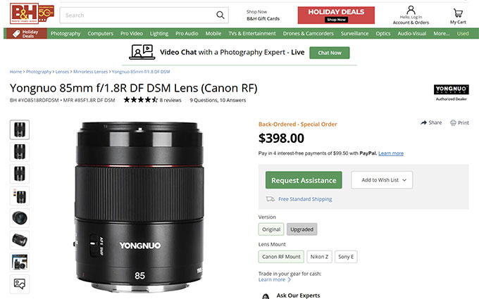 佳能将开放RF卡口？B&H重新上架永诺85mm F1.8R AF镜头