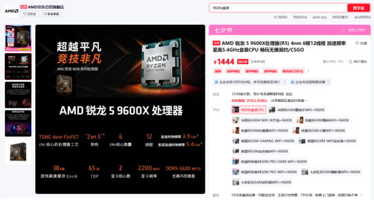 暑期攒机最后时机！AMD 锐龙5 9600X京东数码七夕节好价 