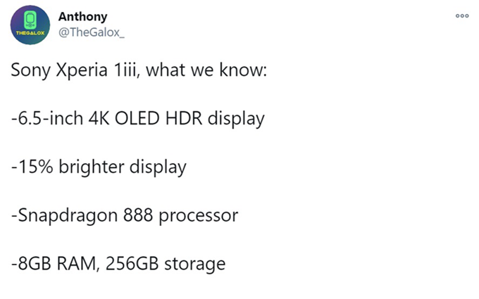索尼Xperia 1 III配置曝光，骁龙888处理器，4K显示屏