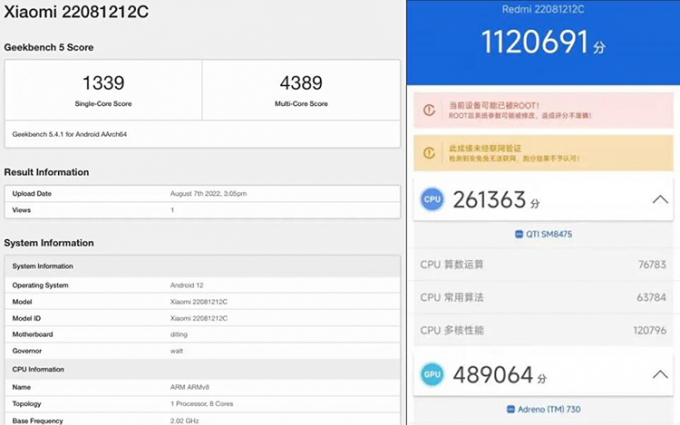 疑似Redmi K50至尊版跑分出炉 搭载骁龙8+并配备小底一亿像素主摄