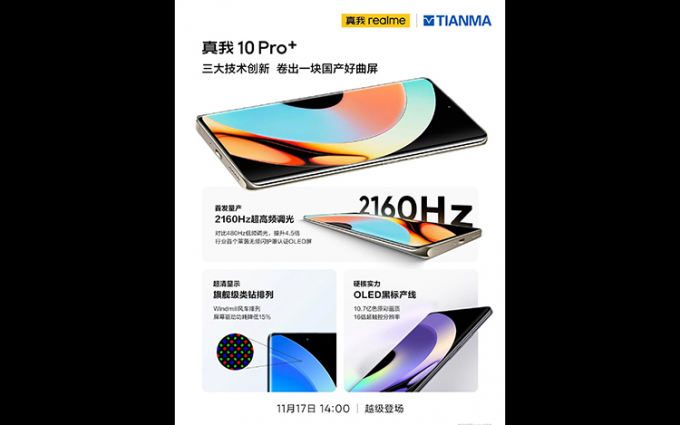 realme真我10 Pro+首发2160Hz调光国产曲面OLED屏 天马成为屏幕供应商