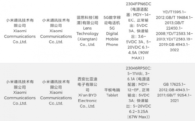 小米13 Ultra与小米平板6或已完成入网手续 分别支持90W和67W充电