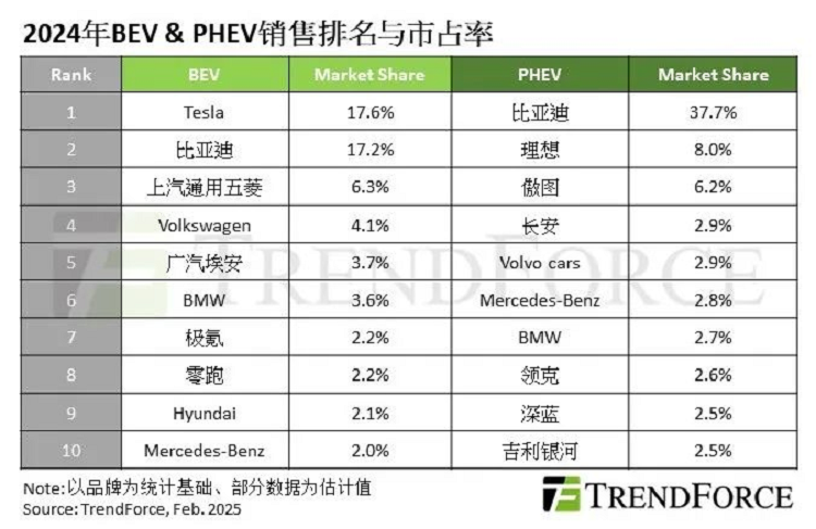 2024年全球新能源销量榜，特斯拉纯电第一，比亚迪插混占比近4成
