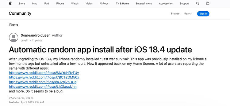 bug又来了！iOS 18.4&ldquo;复活&rdquo;了被用户删除的APP
