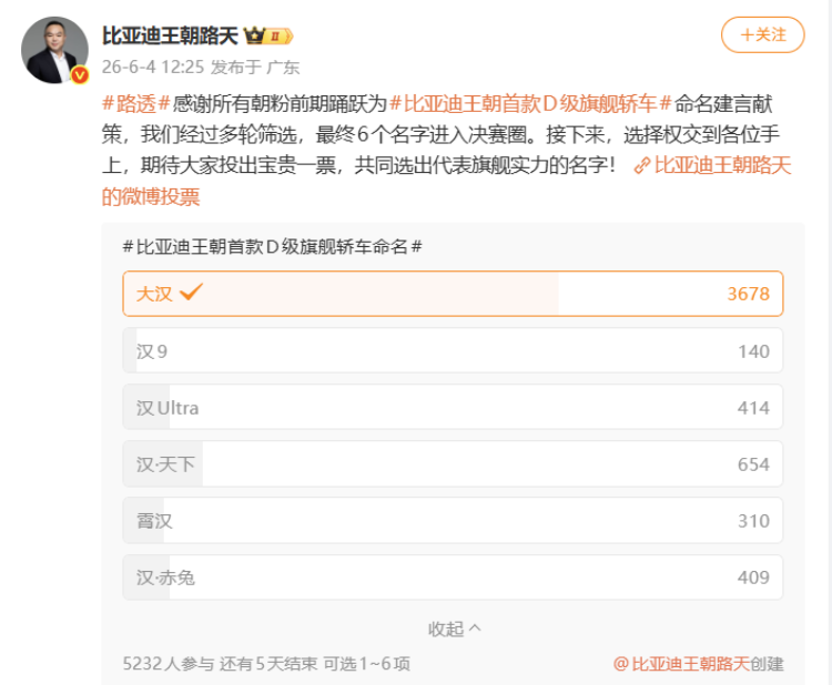  离亮相不远了，比亚迪D级旗舰轿车全网征名：&ldquo;大汉&rdquo;呼声最高